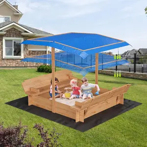 Wooden Sandbox with Lid, with 2 Benches, Adjustable Height and Rotatable Top, UV Protected, Suitable, Perfect for Beach and Patio(47x47in)