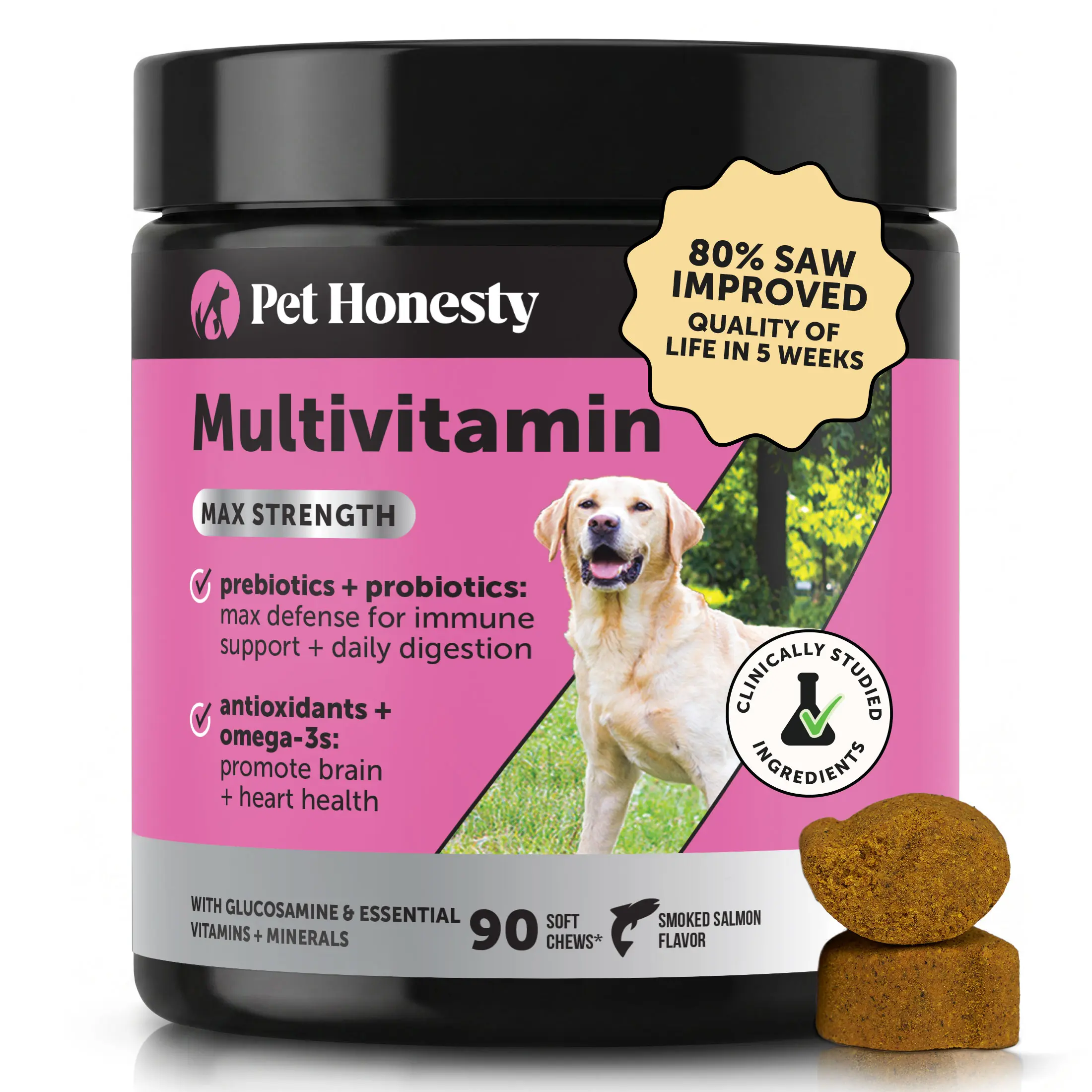 Pet Honesty Max Strength Multivitamins Chewable Supplements with Omegas + Probiotics, Dog Treats Alternative Vitamin - Salmon 90 Chews