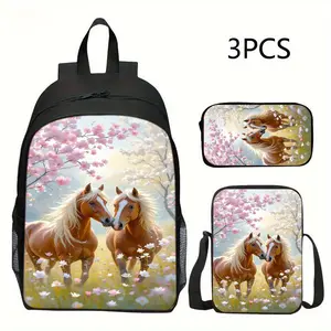 3Pcs Cherry Blossom Horses Print Backpack Set Durable 600D Oxford Cloth School Bag Insulated Lunch Box & Pencil Case Combo Adjustable Breathable Strap Large Capacity Fits 15in Laptop for Kids Teens School Travel Outdoor Use