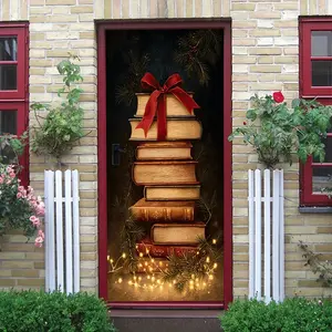 2 Christmas Decorative Door Wall Stickers Vintage Book Stack Christmas Element Stickers Festive Atmosphere Decoration Self Adhesive Wall Stickers New Year Decoration Supplies Home Window Glass Door Decor