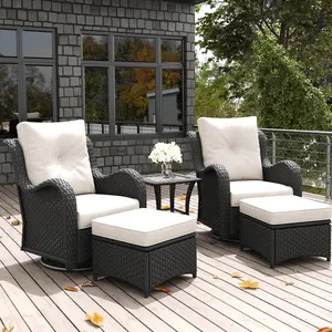 LayinSun 5 Pieces Outdoor Wicker Swivel Rocker Chairs with Rattan Coffee Table and Ottomans, Patio Furniture Set with Comfy Cushions for Garden, Backyard, Porch