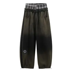 Double Waist Washed Baggy Sweatpants Loose Wide Leg Plaid Patchwork Casual Pants with Pockets for Comfortable Wear