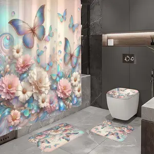 1/4pcs Colorful Butterfly Flower Pattern Bathroom Set, 4-piece set includes single shower curtain, non-slip floor mat, toilet U-shaped cushion, toilet seat cushion, with shower curtain hooks, belongs to bathroom decoration products