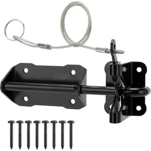 Heavy Duty Automatic Gate Latch for Wooden Fence with Cable Pull, 7.5" Self Locking Gravity Gate Door Latches Security Latch for Outdoor Garden, Pool, Metal Gates, Vinyl Fence, Black Finish