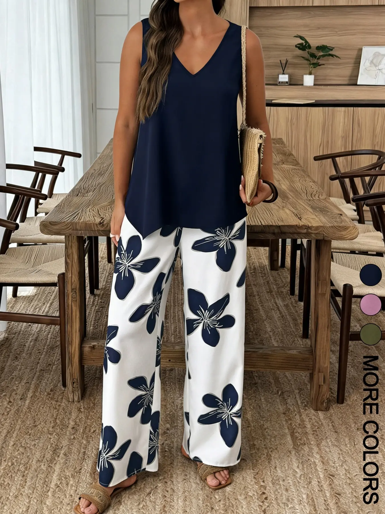 Women's Casual Chic Vacation Style Beach V-Neck Sleeveless Tank Top and Floral Long Pants Set, Two-Piece Clothes for Relaxing and Stylish Looks