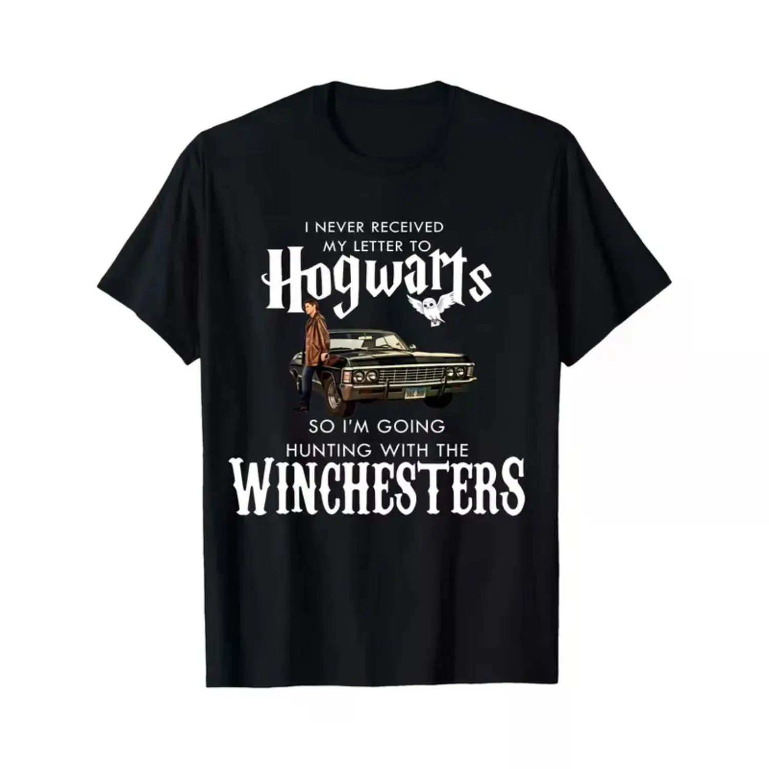 Hogwarts & Winchesters Hunting Graphic Black T-Shirt – Casual Unisex Fan Tee for Harry Potter & Supernatural Fans, Geek Holiday Party Shirt for Adults & Youth