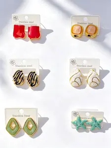Stainless Steel Hypoallergenic Enamel Stud Earrings Collection, Multiple Styles (Starfish/Seashell/Geometric/Flower), Gold Plated Aesthetic Earrings For Daily & Holiday Wear
