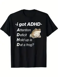 I Got ADHD Attention Deficit Hold Up Is Dat A Frogtshirt - Funny Black T-Shirt for Adults, Casual Crew Neck, All-Season Wear, Humorous ADHD Awareness Clothing Playful Graphic Tee Durable C, Parties, Beach & Sports