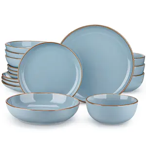 Vancasso Nymph 16-Piece Dinnerware Set - Dinner Plates, Dessert Plates, Pasta Bowls and Cereal Bowls, Color Glaze Stoneware, Service for 4 People Blue Tableware