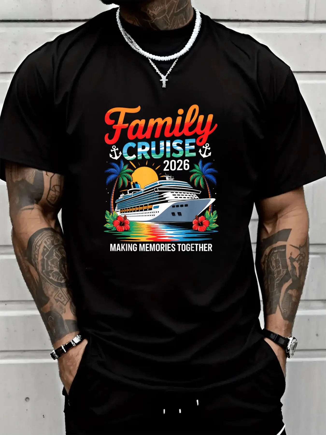 Men's Matching Cruise Ship T-Shirt - 100% Cotton Short-Sleeve Round-Neck Loose Casual Top, Suitable for Multiple Seasons, Tshirt, Shortsleeve, Menswear, Stylish, Soft