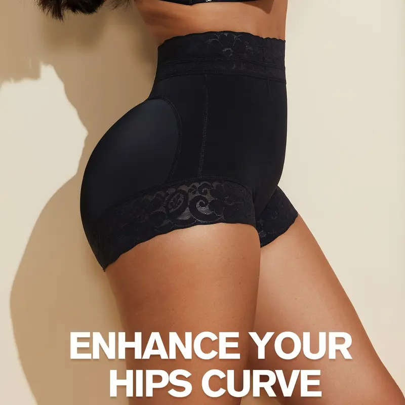 Women's High-Cut Floral Lace Shaping Shorts - Hook and Eye, Tummy Control, Hip Lifting, Peachy Hip Curve, Body Contouring, Smooth Fabric Waistband, Compression Briefs for Skirts, Weddings (Black Faja)