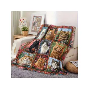1pc Cozy Cat & Kitten Patchwork Flannel Blanket - Soft Quilted Bedspread With Tabby, Tuxedo British Shorthair Patterns, All-Season Couch Throw, Bed Cover For Cat Lovers, Multi-Color Plush Bedding-30*40in