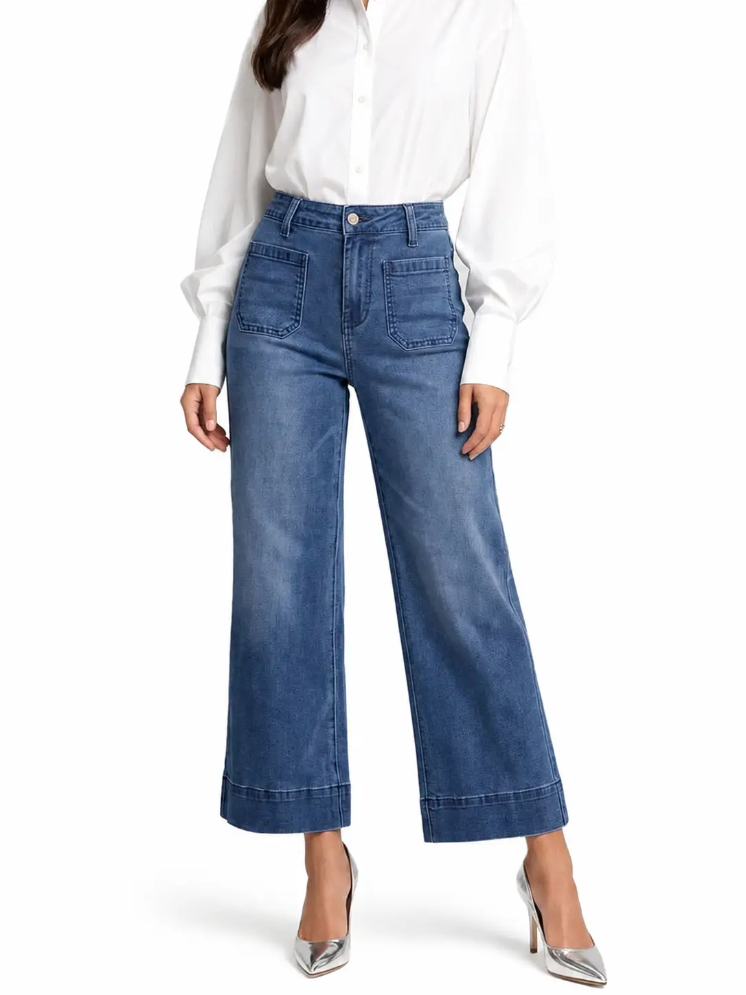 Women’s Lightweight Vintage Blue Textured Print High-Waisted Cropped Wide-Leg Jeans - Lady’s Comfortable Bottom with Patch Pockets for Summer Beach Casual Wear, Loose, Fit, Printed, Baggy