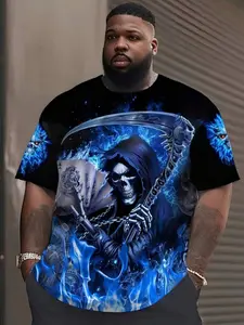 Men's Plus Size Blue Flame Death God Print Graphics Short Sleeve T-Shirt, Dark Skull Casual Top, Summer Breathable Streetwear
