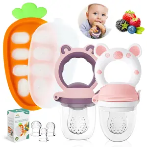 Baby Fruit Food Feeder - Fresh Food Feeder, Infant Fruit Teething Teether Toy  4-24 Months, 2 Pack with 3 Stage Pouches and Freezer Tray  Babies (Purple Pink)
