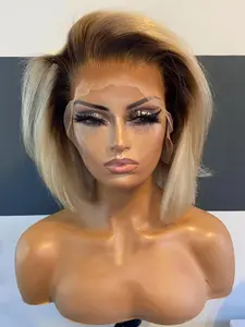 14-Inch Soft Lace Front Wig, 180% Density, Gradual Champagne Gold Straight Hair, Pre-Attached, No Glue, Suitable for Women, Daily Use