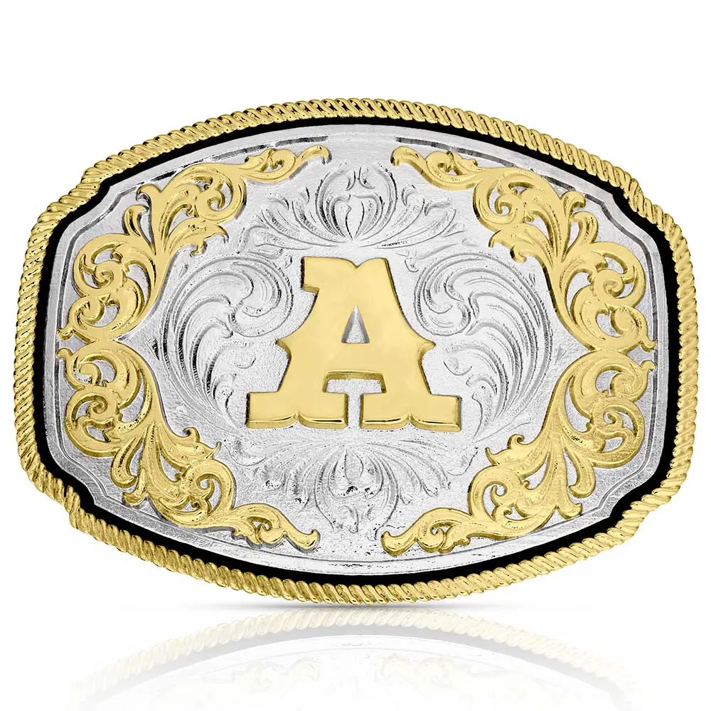 Unisex Western Initial Belt Buckle, 4x3x1-in Gold/Silver Plated Alloy, Casual Cowboy Accessory with Anti-Tarnish Montana Armor Coat - All Letters, Length 1, Gold/Silver Look