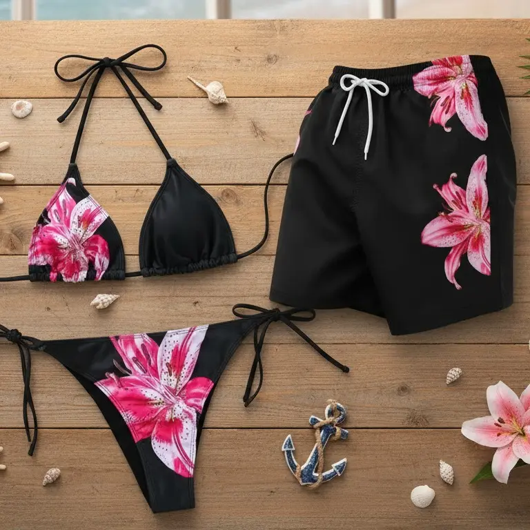 Matching Swimwear Set for Couples - Bra Bikini & Men's Beach Shorts, Stylish for Summer Vacation Gift For Him and Her #coupleswimwear#coupleoutfits