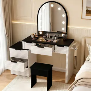 Modern Vanity Desk Chair Set with Mirror Light 3 Lighting Modes Adjustable Makeup Table Glass Top Power Outlet 6 Drawers for Home Bedroom Salon