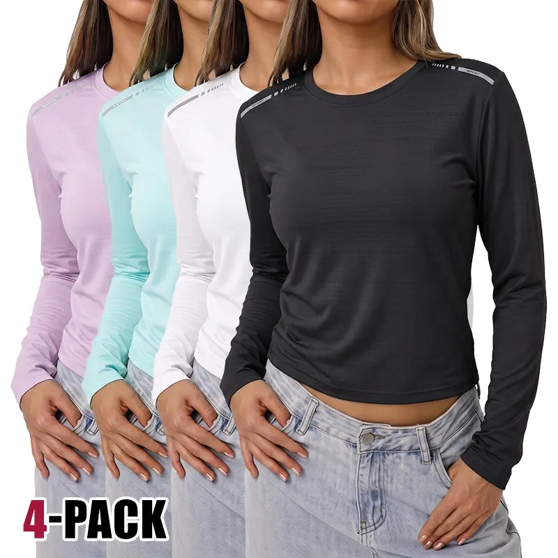Clean Gent 4-Pack Quick-Dry Long-Sleeve Sports Shirts – Moisture-wicking athletic tops for running and yoga training – Suitable for all seasons, multiple color options; yoga gear, stretchy casual sportswear