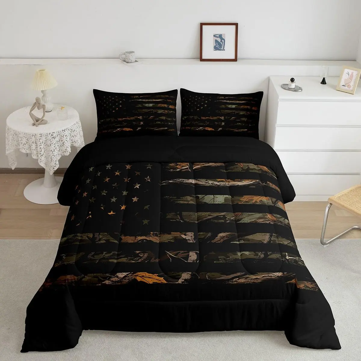 American Flag Designer Comforter Set,Twin Size Camouflage Comforter,Camo Flag Luxury Bedding Set,Branches Military Style Brown Duvet Set,Quilt Set