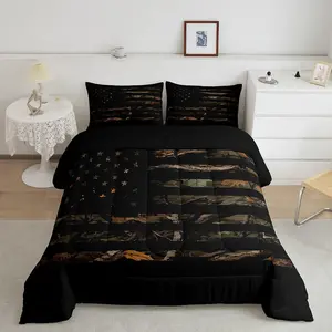 American Flag Designer Comforter Set,Twin Size Camouflage Comforter,Camo Flag Luxury Bedding Set,Branches Military Style Brown Duvet Set,Quilt Set
