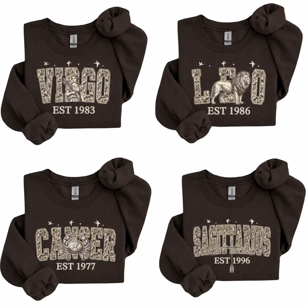 (Leave Add Note or DM Our Shop) Custom Camo Zodiac Sweatshirt with Est Year, Dark Chocolate Personalized Horoscope Astrology Crewneck Sweatshirt, Vintage Realtree Camo Star Sign Birthday Gift, Unisex Crewneck - TrendWear USA