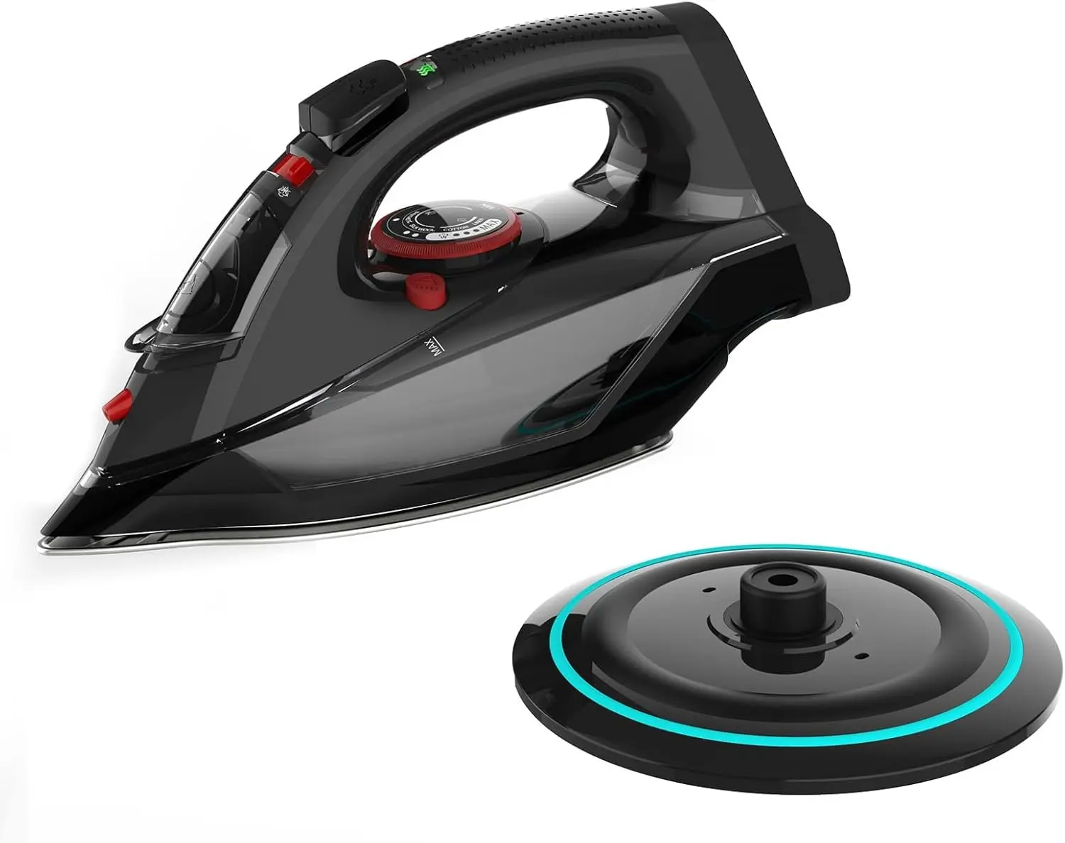 Cordless Iron for Clothes, 1500W Steam Iron Rapid Heating, Ceramic Soleplate, Auto Shut Off, Self-Clean, Anti-Calc, 3 Temperature Settings, 12.85oz Water Tank Ironing Clothes for , Black