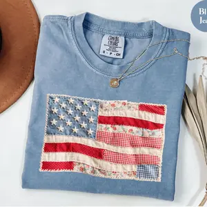 Comfort Colors Retro American Flag Shirt, Faux Patchwork USA Tee, 4th of July Shirt, Patriotic Graphic Shirt, Fourth of July Shirt