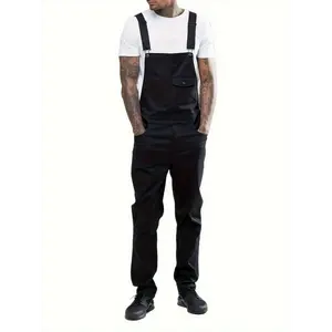 Men's Slim-Fit Black Denim Overalls With Adjustable Straps, Distressed Ripped Design, And Pockets - Casual Hippie Jumpsuit For All Seasons, Everyday Fashion | Hippie Style Suit | Sleek Black Jumpsuit, Denim Jumpsuit