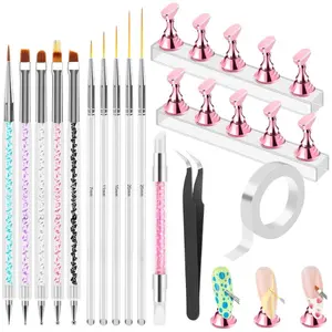Nail Art Tools Set, Nail Stand for Press on Holder for Painting Nails, Nail Art Brushes and Dotting Tools, Nail Design Tools Supplies, Gel Polish and Builder Brush, French Tip Brush, Liner Brush
