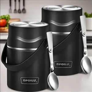 2Pcs Thermo Food Jar - 21 Oz Insulated Container for Adults, 316 Stainless Steel Vacuum Insulated With Spoon, Leak Proof, Portable Hot Soup Jar, Black