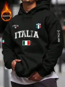 Men's Italian Culture Warm Hooded Sweatshirt, Pullover with Italia Print & Flag Patch, Soft Comfortable Streetwear for Cold Weather, Graphic Hoodies