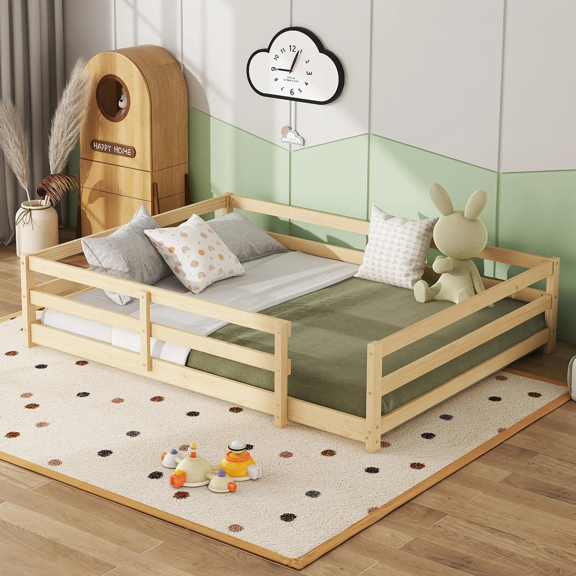 Montessori Floor Bed - Oak Wood Bed Frame with Safety Fence Guardrails, No Box Spring Required, Montessori Bed