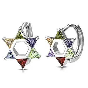 925 Sterling Silver Clear Multicolor CZ Jewish Star of David Hoop Huggie Earrings