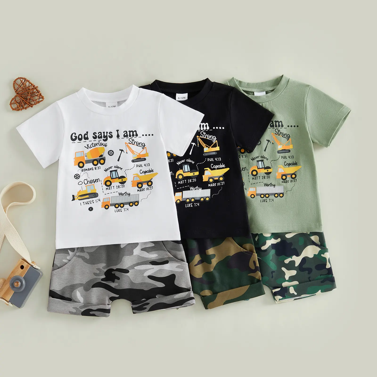 Canrulo Toddler Baby Boy Summer Outfits God Says I Am Strong Truck Tractor T-Shirt Tops Camouflage Shorts Infant Clothes