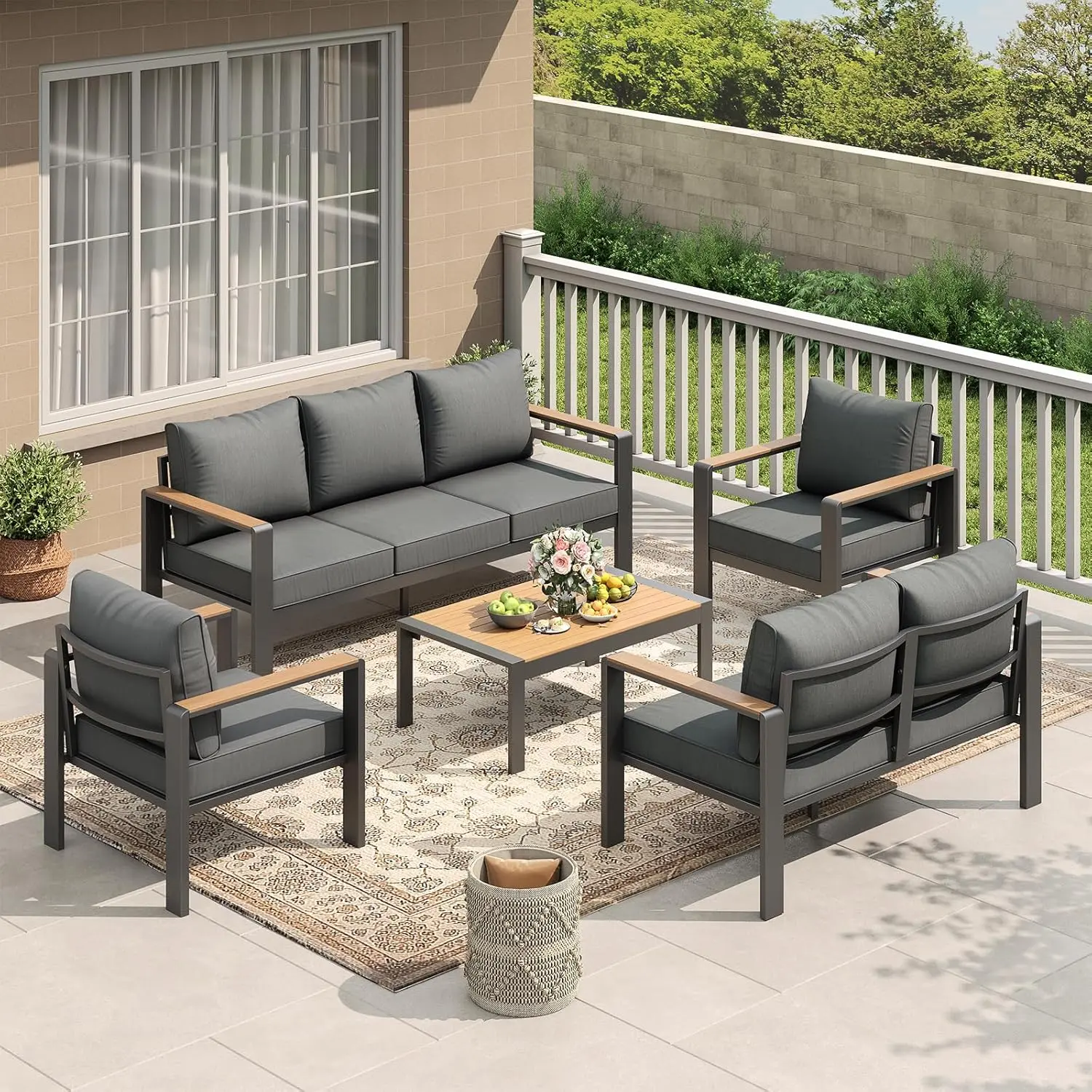 5-Piece Outdoor Patio Furniture Set, 7-Seat Aluminum Frame Modular Sectional Sofa Conversation Set with Thick Washable Cushions and Coffee Table, Modern Outdoor Seating for Balcony Deck Backyard Porch