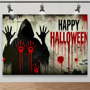 Spooky Halloween Photography Backdrop with Bloody Handprint & Shadow Design - Polyester, Ideal for Haunted House Decorations and Themed Parties, Adds a Terrifying Atmosphere to Your Photos