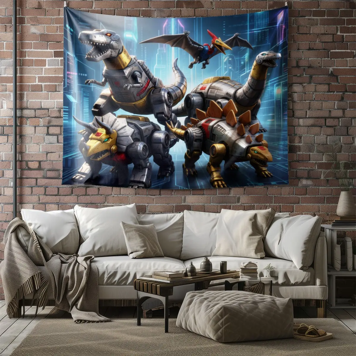 Transformers Dinobots Tapestry, Robot Dinosaur Wall Hanging, Sci-Fi Cybertron Tapestries, Mechanical Dino Wall Blanket, Striking Backdrop Decor for Kids & Fans, Boys' Bedroom & Dorm