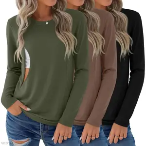 3 Pack Nursing Tops for Breastfeeding Maternity Shirts Zipper Long Sleeve Round Neck Knit Casual Nursing ClothesAB12PeakVibe