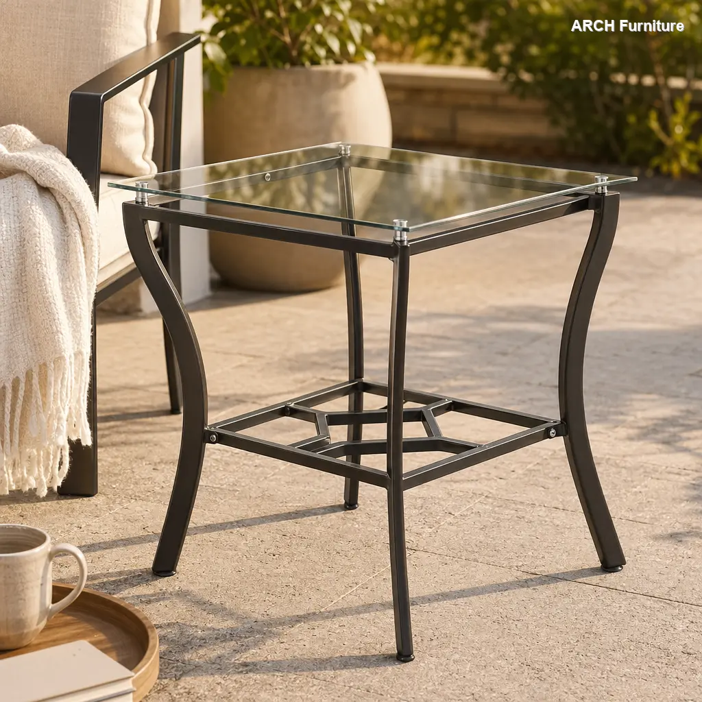 Iron Compact Tempered Glass Side Table - Outdoor Patio Deck Furniture, 250lbs Capacity, Weather-Resistant, Assembly Required for Balcony Cocktail Tables