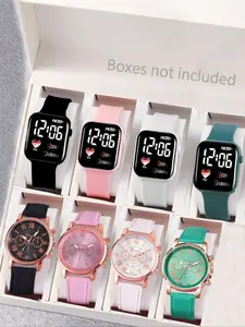 8PCS PU Leather Multi-Color Ultra-Thin Round Quartz Wrist Watch with LED Display, Perfect Summer Casual Gift for Girls, Back to School Selection