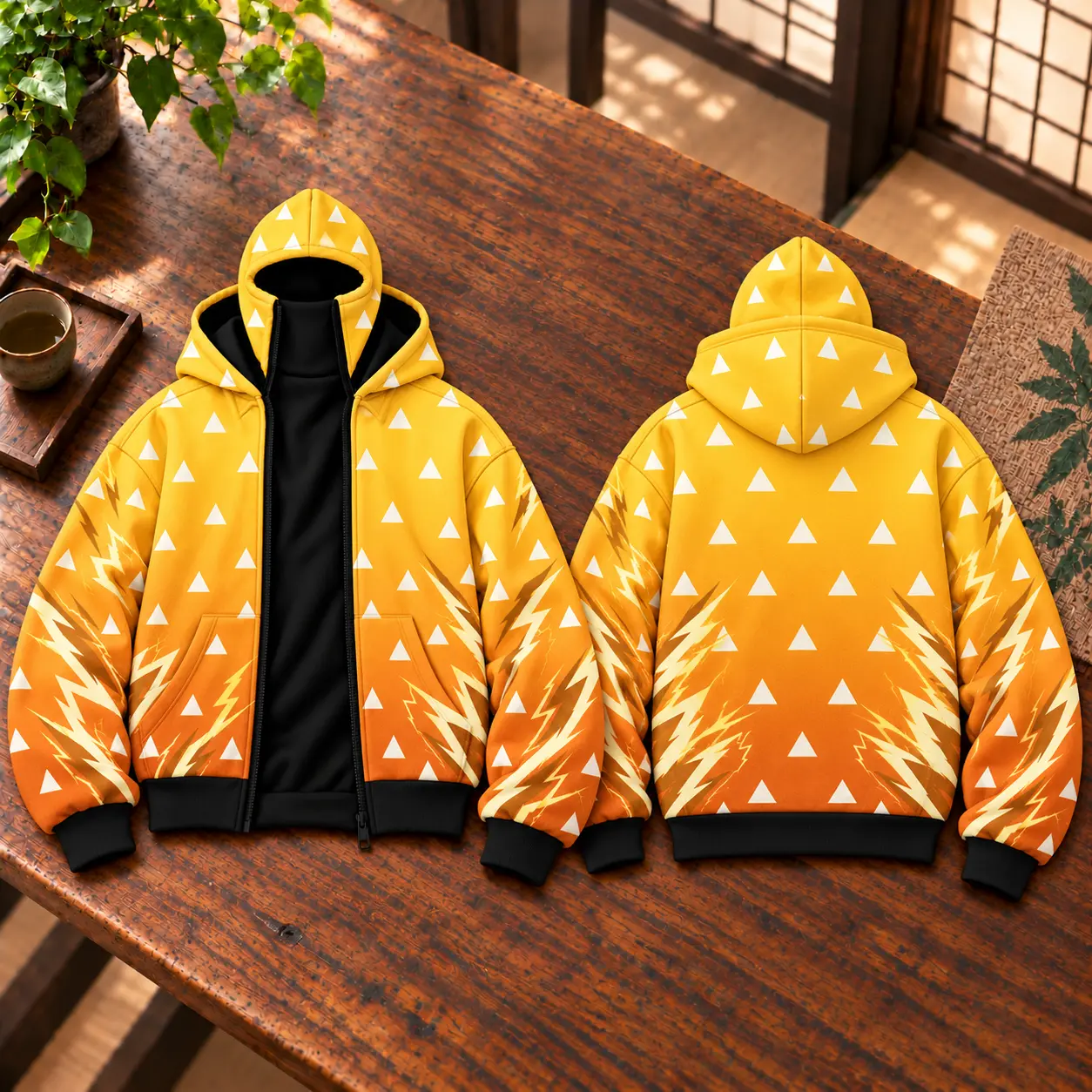 3D Anime Yellow Lightning Zip Up Hoodie, Full Zip Face Cover Hoodie, Japanese Inspired Anime Streetwear Jacket, Unisex Graphic Hoodie