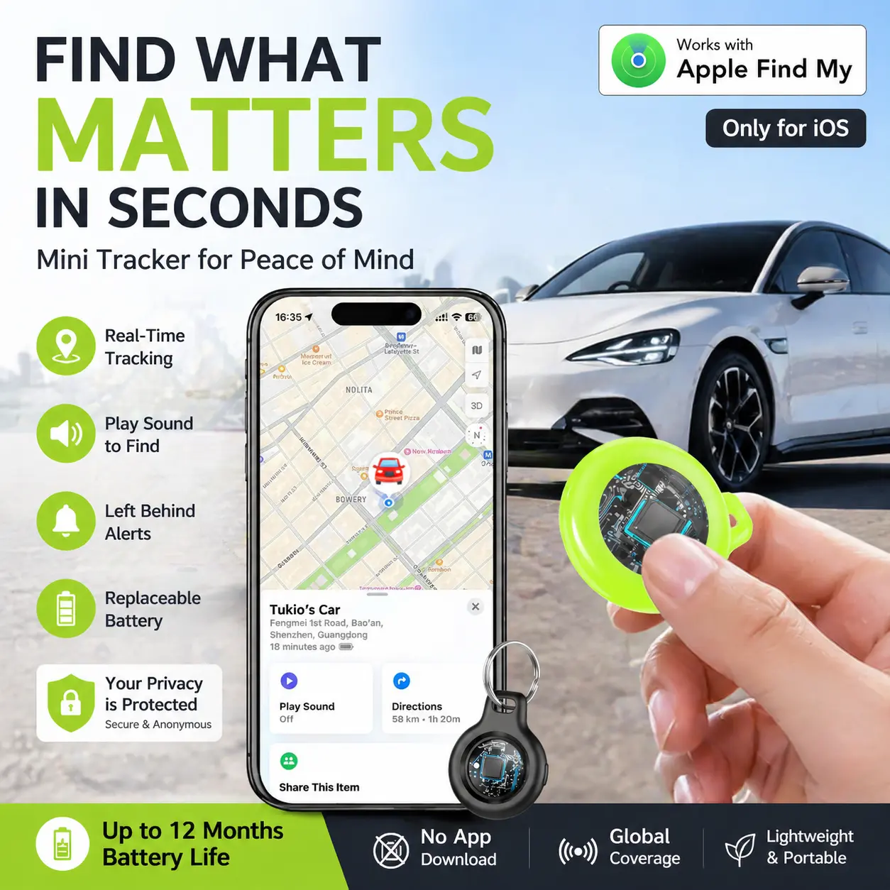 [Summervibes] Tukio GPS Tracker(iOS Only) Lucid Tag for Cars & Pets - Mini Clear Design, Weatherproof Case, Anti-Lost Device, Works with Apple Find My(iOS Only), IP67 Waterproof, Replaceable Battery Protection summerwins