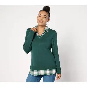Joan Rivers V-Neck Mixed Media 2Fer Sweater w/ Tartan Flannel