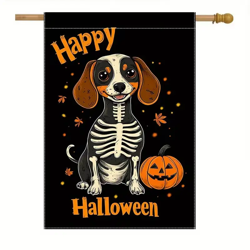 Happy Halloween Dachshund Skeleton Garden Flag, Cute Wiener Dog Jack O Lantern Pumpkin Fall Yard Flag, Black Background Dog Skeleton Small House Flag Front Porch Lawn Outdoor Decor, Flagpole Not Included
