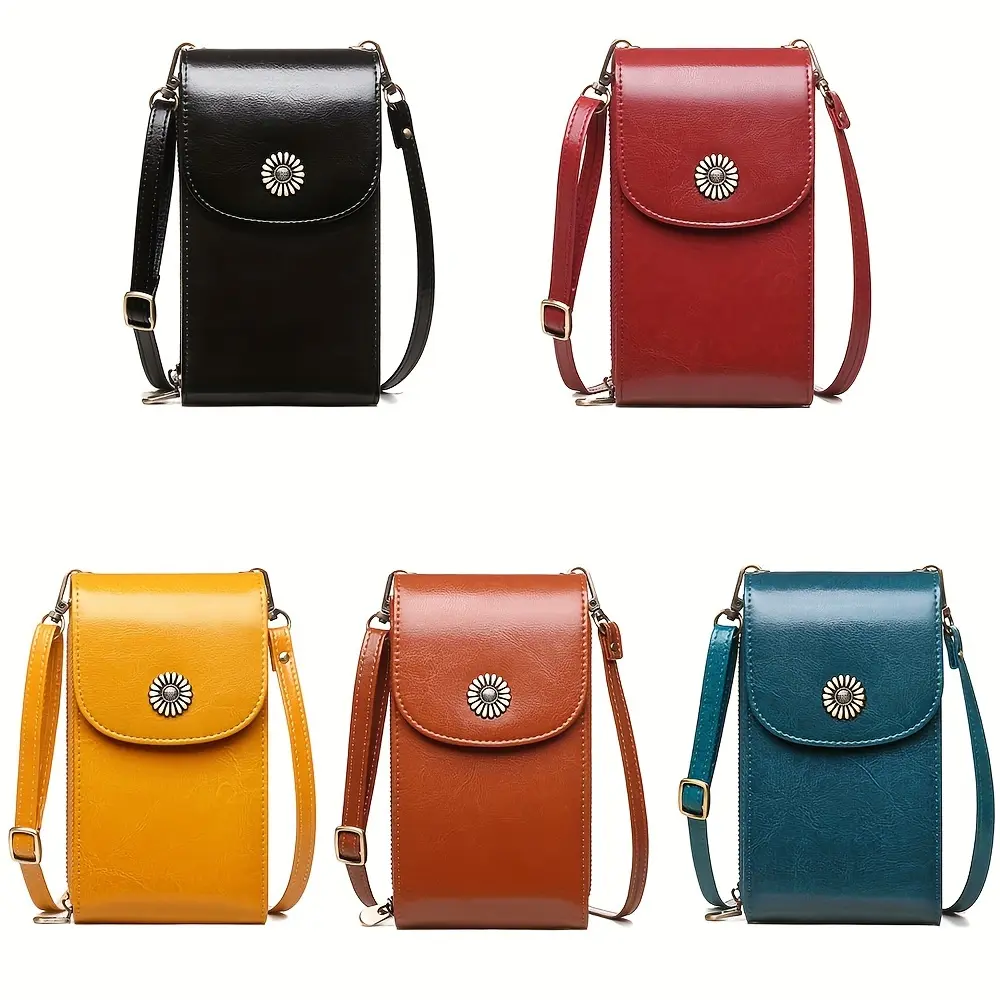 Women's Plain Genuine Leather Mini Crossbody Cell Phone Bag with Shoulder Straps, Vertical Wallet, Coin Purse