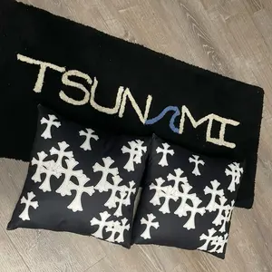 Tsunami Alternate Chrome Crosses Pillow 15-inch Stylish Round Cushion with Bold Lettering & Intricate Floral Design for Home Decor