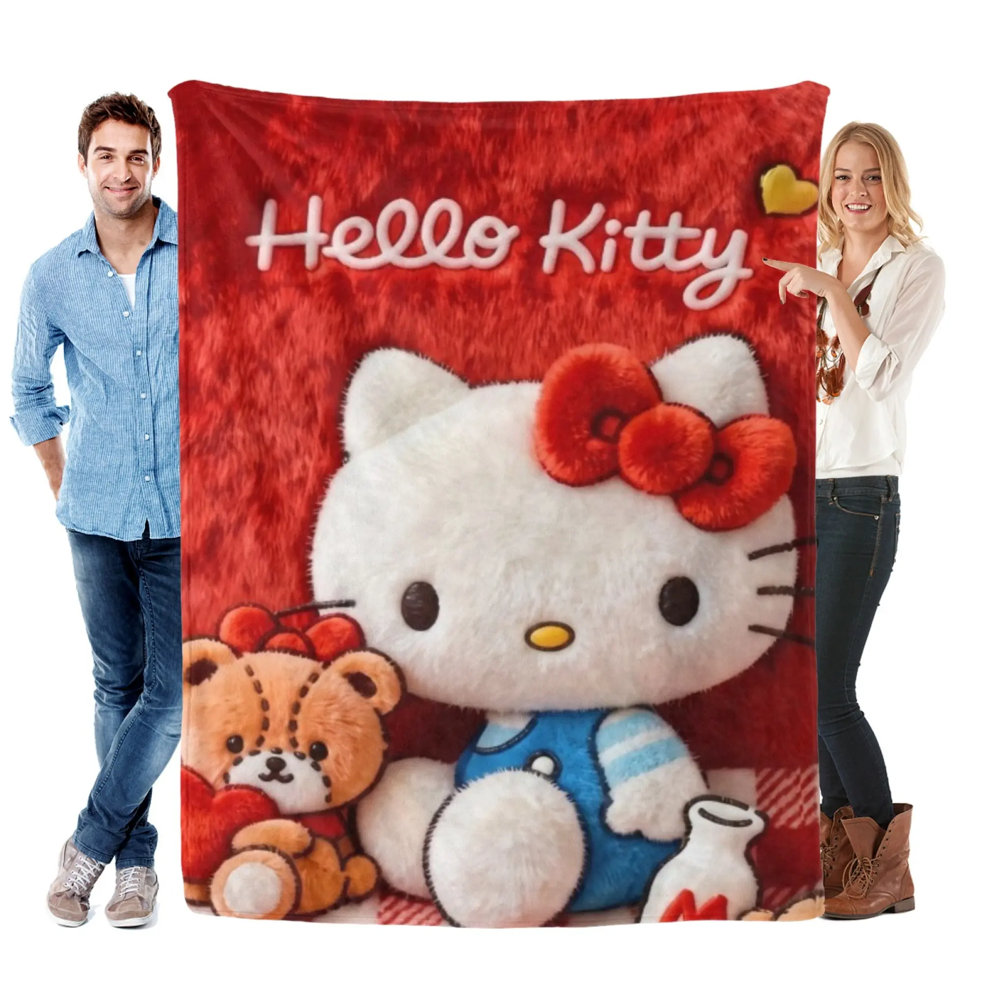 [SummerVibes] SANRIO CLASSIC Hello Kitty Red Flannel Blanket - Soft Cozy 2D Print Throw, Vibrant Cartoon Design for Sofa, Bed, Office & Travel