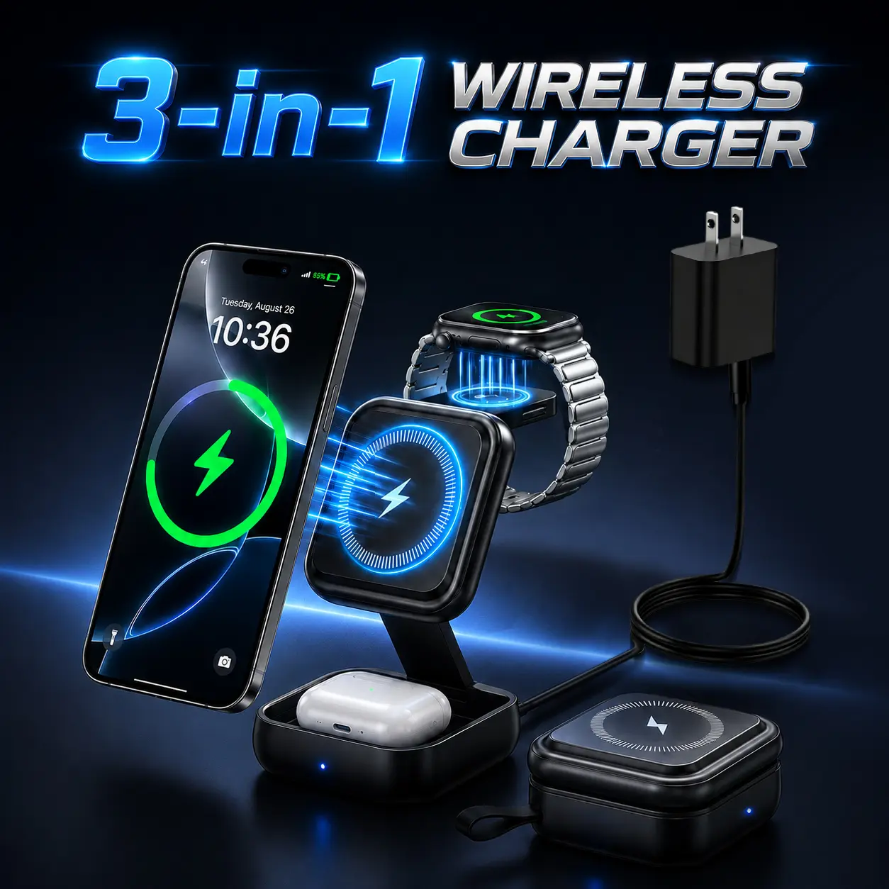 3-in-1 Portable Wireless Charging Station for iPhone 15/14/13/12 Pro Max, iWatch, AirPods - Compatible with Apple MagSafe Charger, 1-Touch Function